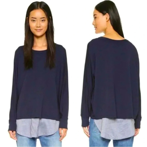 Vince Tops - Vince womens Mixed Media Blue Chambray Shirttail blouse long sleeve crew neck
